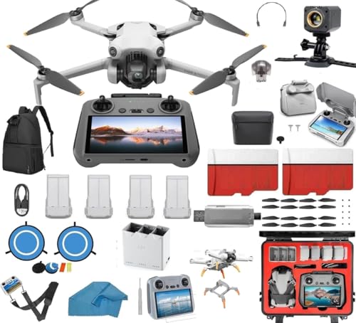 DJI Mini 4 Pro Drone Mega 4 Battery Bundle Kit Drone with Camera, with DJI RC2, Search and rescue Light, with 2 SD Cards 128 GB, Waterproof HardCase , 3.0 USB Card Reader, Landing Pad, Backpack, Remote protector Sun Hood and More