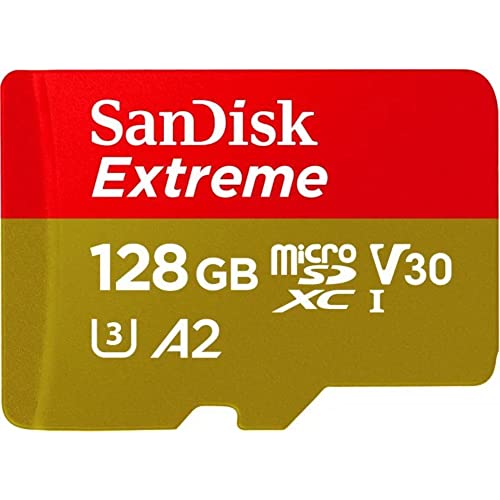 SanDisk 128GB Extreme microSD UHS I Card for 4K Video on Smartphones, Action Cams & Drones 190MB/s Read, 90MB/s Write SDSQXAA 128G GN6MN, Red/Gold
