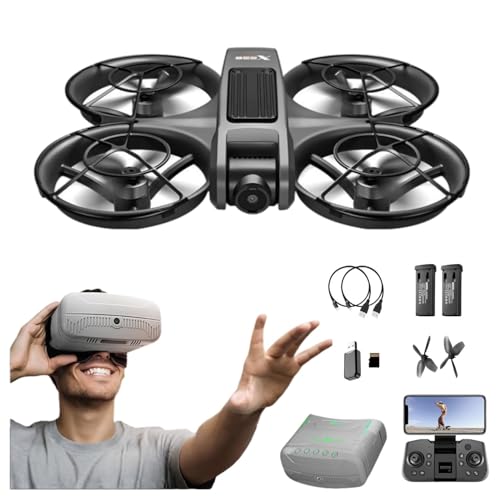 VR FPV Drone, Experience First-Person View Flight, Comes With a VR Goggle Kit and Remote Controller. The Drone Features a Full Propeller Protection Guard and Collision-Resistant Structure, Making It Easy to Operate and Perfect for Beginners. Equipped With an Optical Flow Positioning System and Brushless Motors for Smoother and More Precise Flight. FPV Quadcopter for Entertainment or as a High-Performance Remote Control Helicopter.
